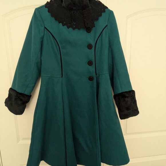 Vintage Teal Blue Lace Collar Faux Fur Suede Dress Coat - Picture 2 of 6